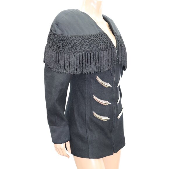 SANTANA Vintage Statement Black Fringed Zip Front Military Jacket S-M - Picture 5 of 7